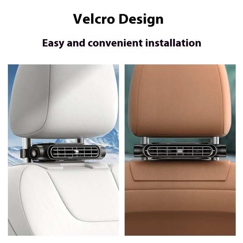 USB bladeless car fan with brushless motor on a car seat, showing Velcro mount and control button.