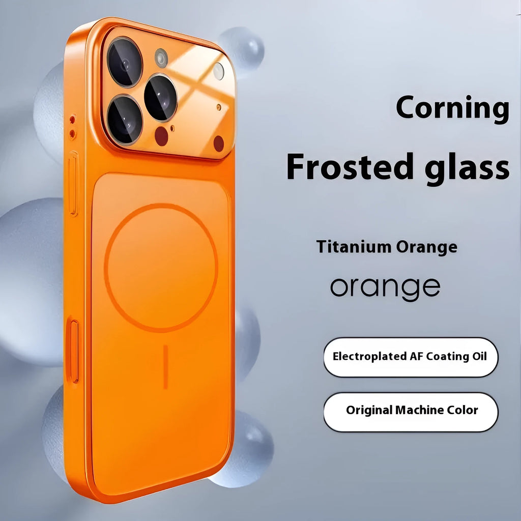 Black tempered glass iPhone case with frosted finish and magnetic back, shown next to Orange and Titanium colour options.