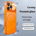 Black tempered glass iPhone case with frosted finish and magnetic back, shown next to Orange and Titanium colour options.
