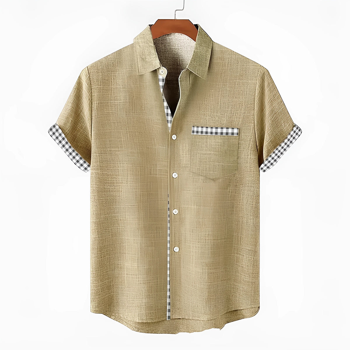 Man wearing a loose-fit linen short sleeve shirt with an ocean fish print on the lapel.