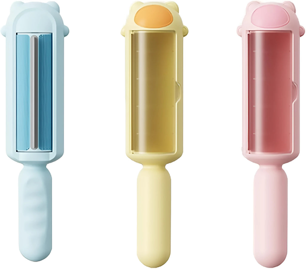 Blue pet hair remover with self-cleaning base on a fabric sofa