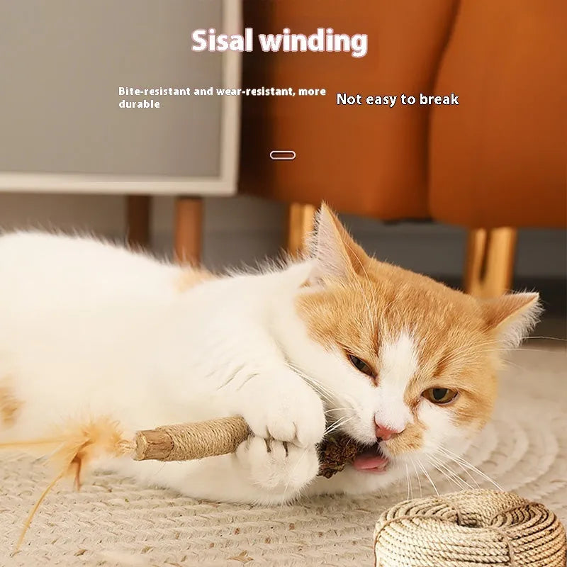 Wooden cat teeth grinding rod with natural fibre wrapping and 2.2cm diameter measurement