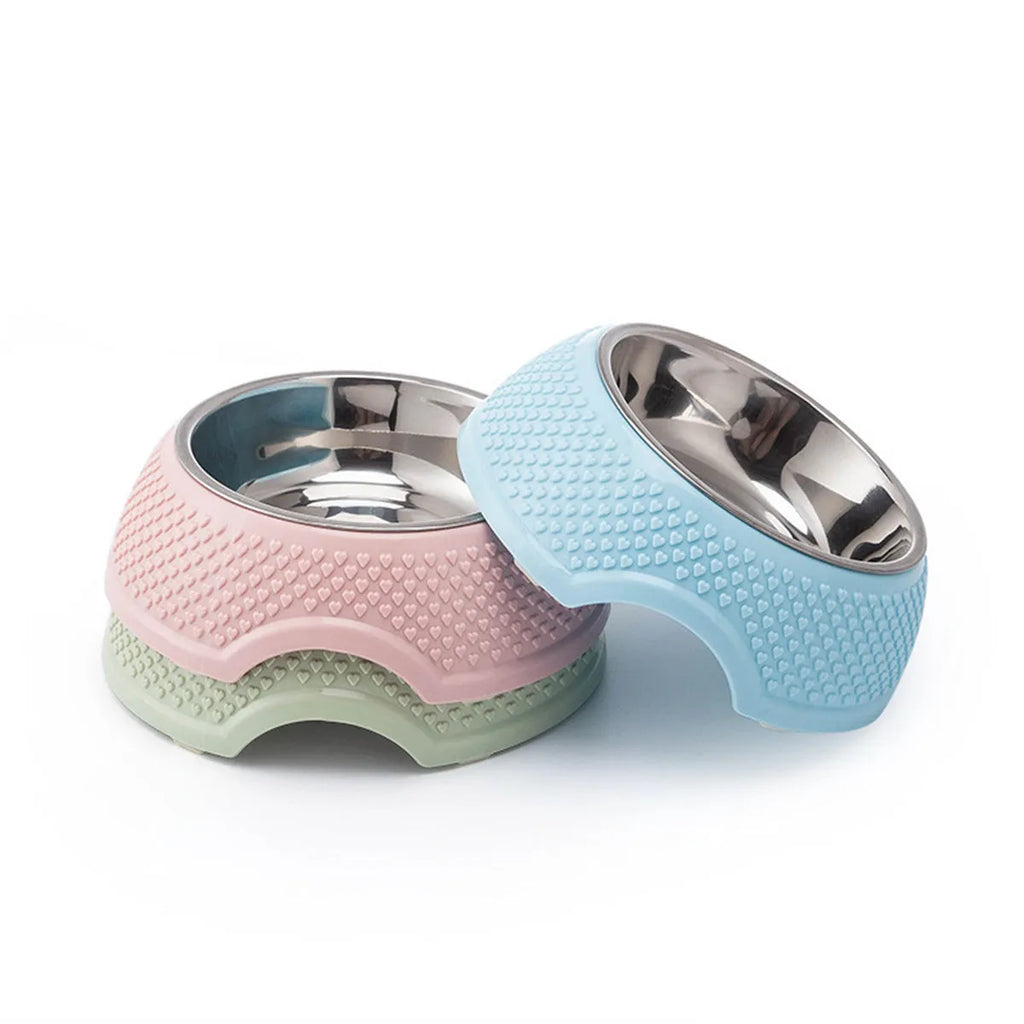Stainless steel pet bowl with non-slip base in blue, green, and pink colour options.