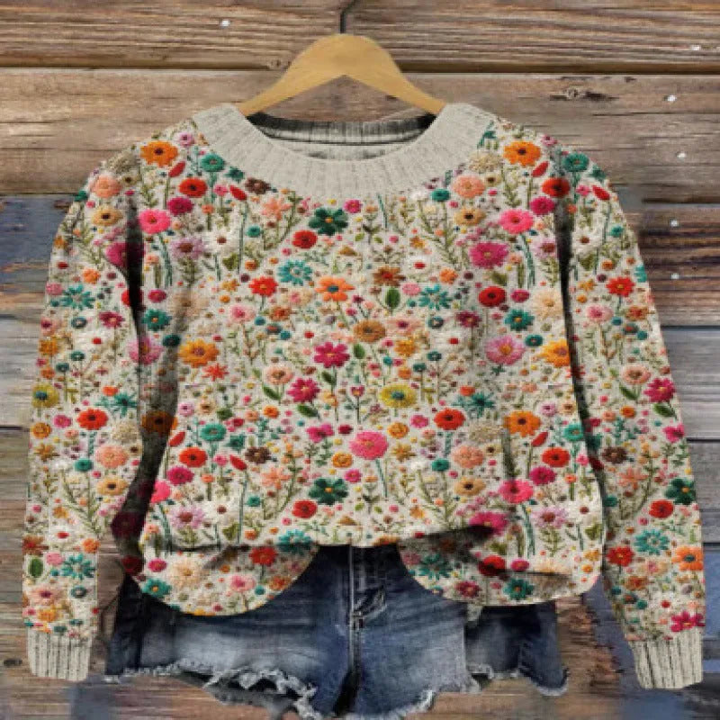 Digital printed little flower pattern round neck sweater in polyester fabric