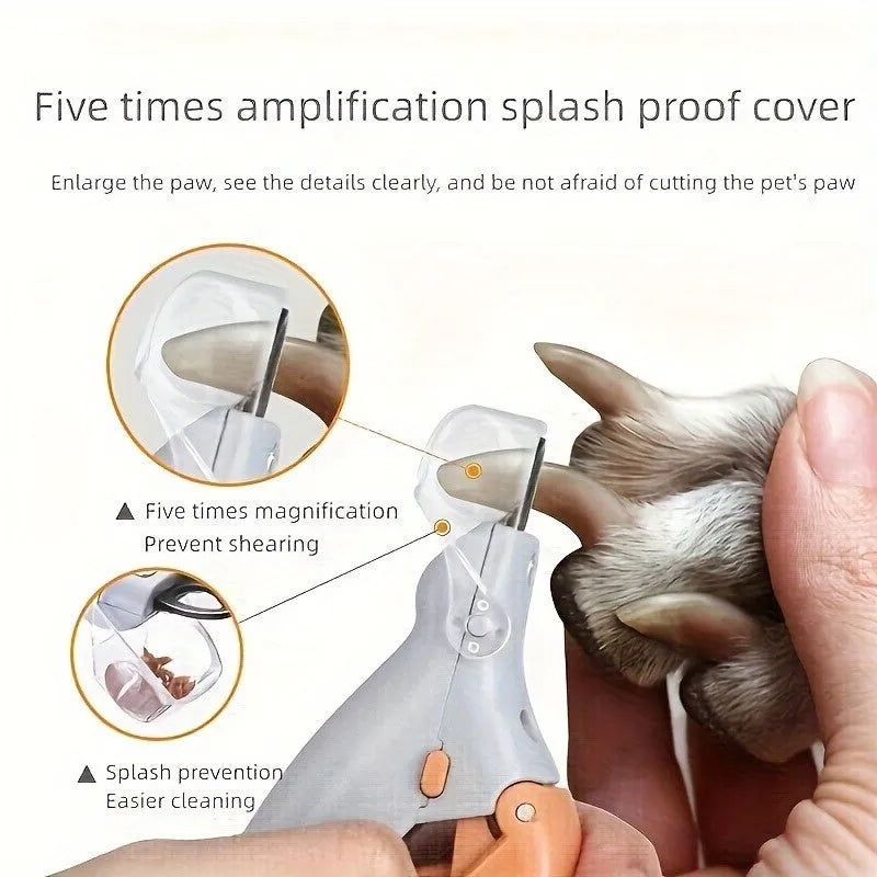 Yellow LED pet nail trimmer with magnifying glass and light for trimming cat and dog nails.