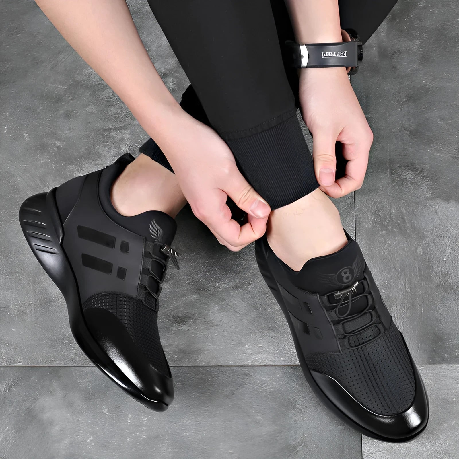 Men's black height increasing shoes with internal 8cm lift in leather, Lycra or mesh upper options