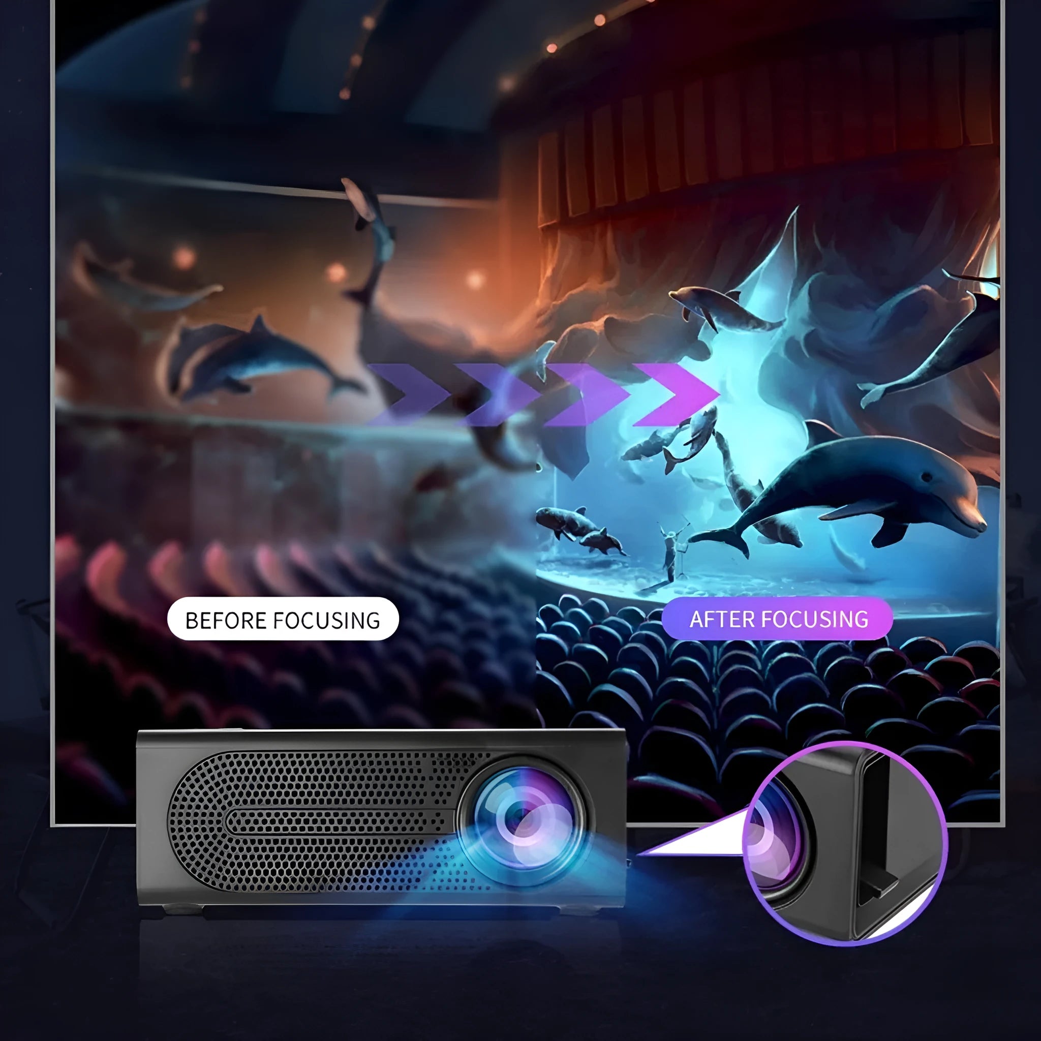 Portable mini projector in black colour with mobile phone connection cable and UK plug adapter
