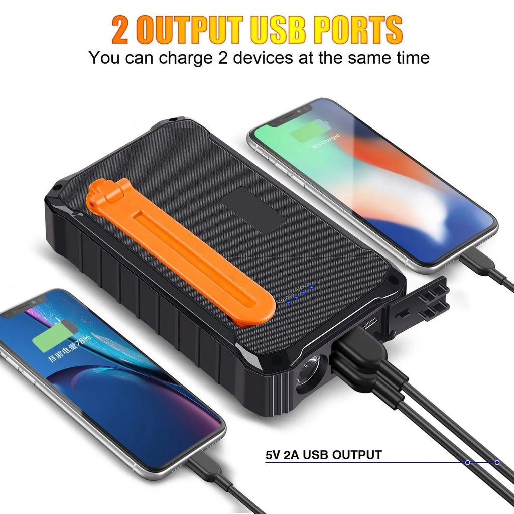 Orange and green solar hand power bank with 12000mAh capacity showing dual USB ports and hand crank