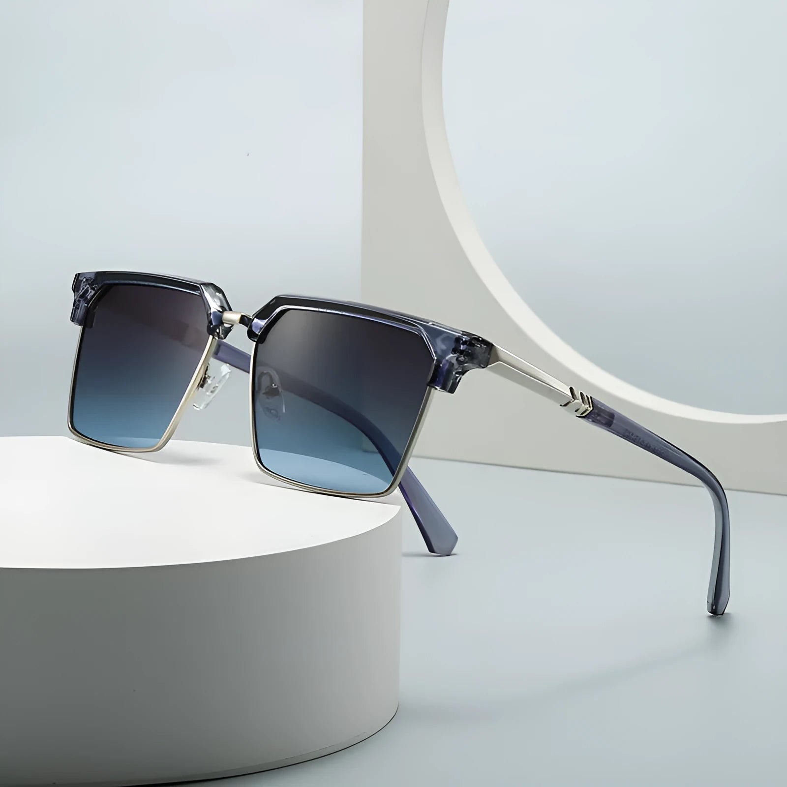Men's square sunglasses with plastic frame showing six colour options including black silver, tea, green and blue variations