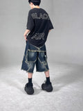 Blue retro denim shorts with frayed five-pointed star design and loose fit for men