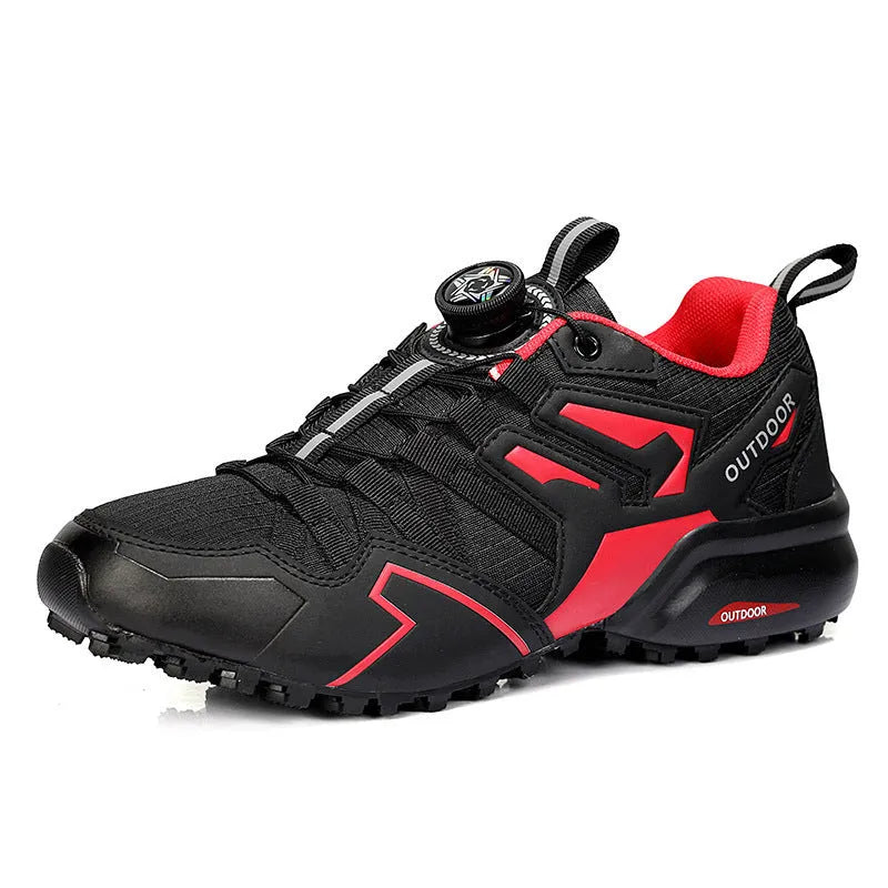 Men's beige off-road hiking shoe with an elastic band closure and rubber sole.