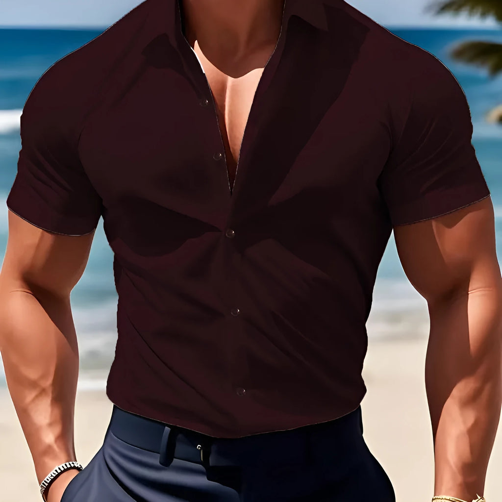 Men's short sleeve casual printed shirt with a shirt collar, shown in a brown colour.