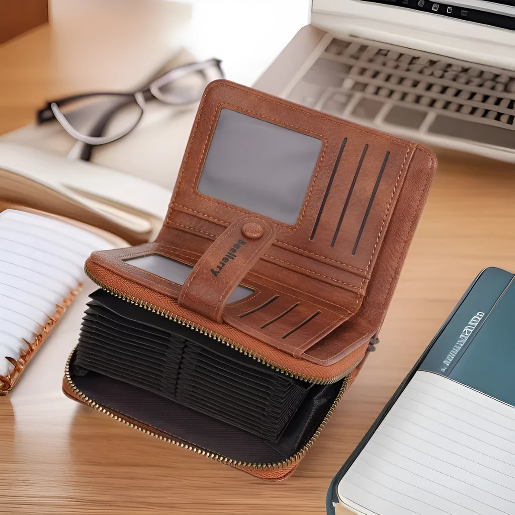 Women's black PU zipper coin purse showing card slots and coin compartment.