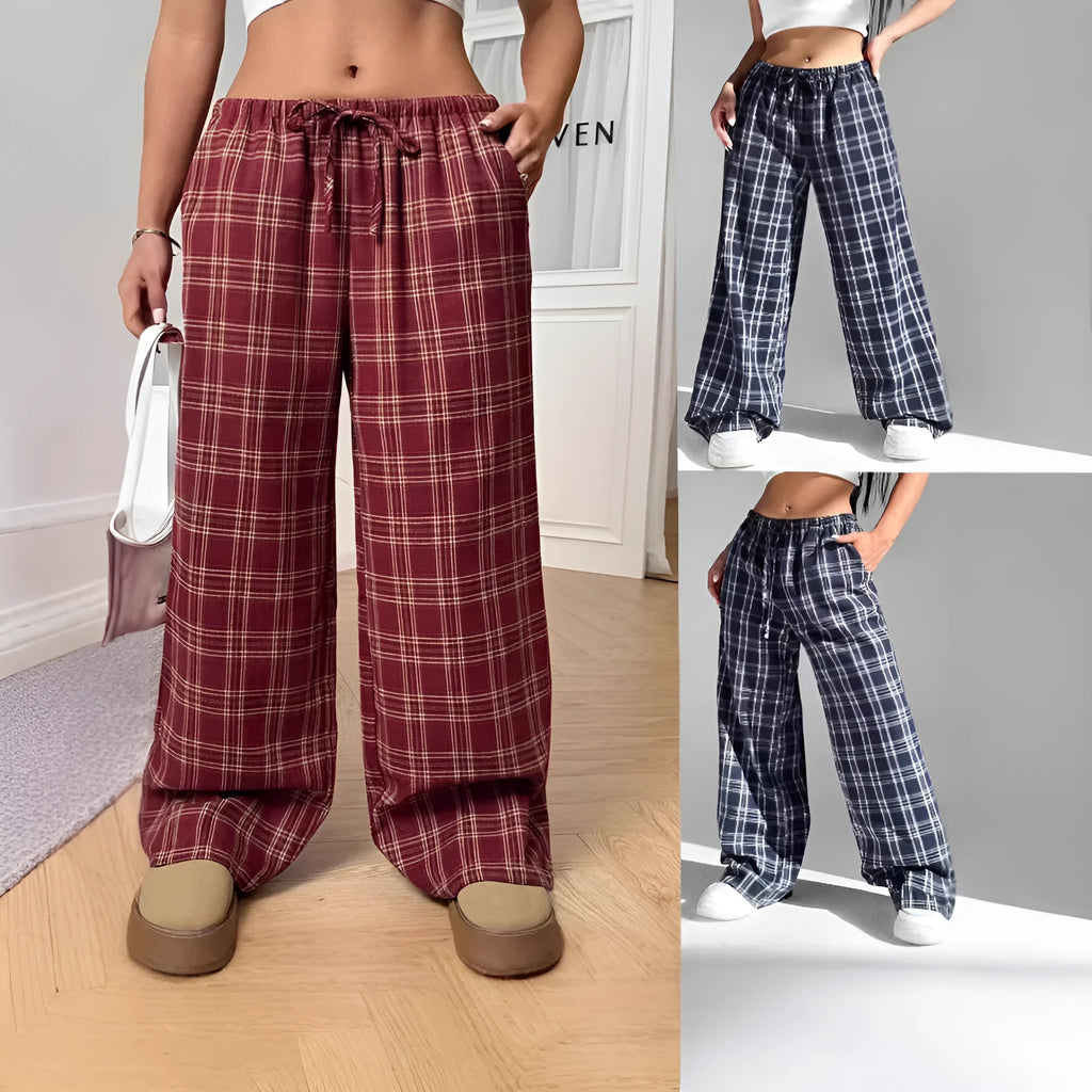 Women's casual plaid trousers with drawstring waist and patch pockets in blue and red colour options