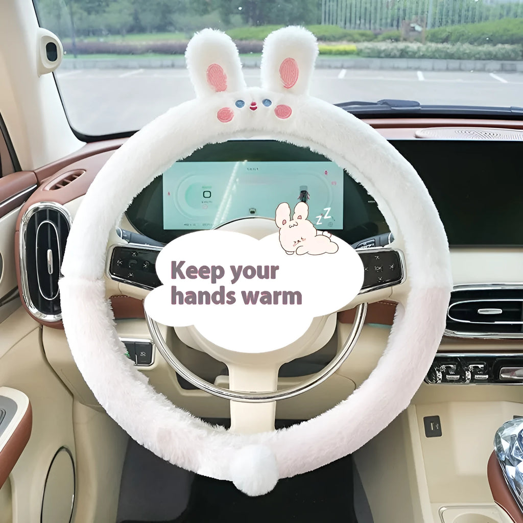 Plush car steering wheel cover with embroidered cartoon animal design for winter driving