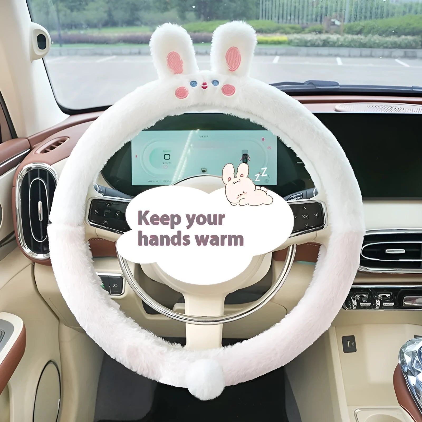 Plush car steering wheel cover with embroidered cartoon animal design for winter driving