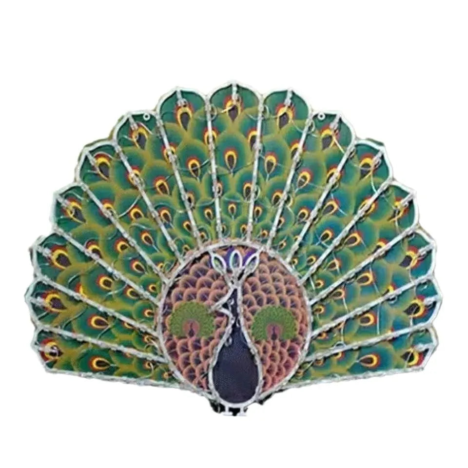 Outdoor decorative string lights with peacock, heart, sunflower, and star LED shapes in plastic housing