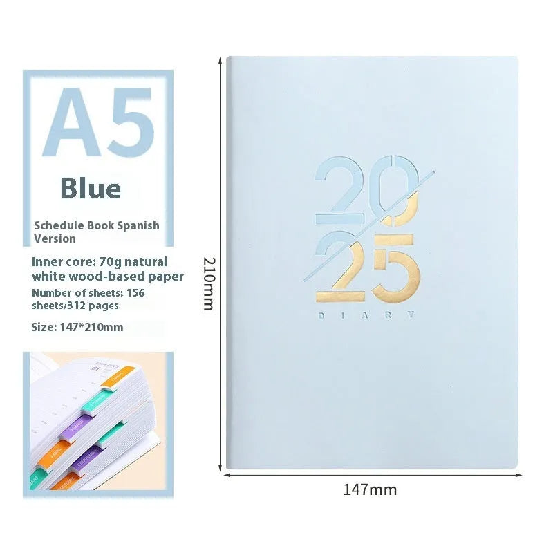 A5 daily schedule book with soft faux leather cover, open to show thread-bound 150 pages.
