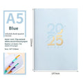 A5 daily schedule book with soft faux leather cover, open to show thread-bound 150 pages.