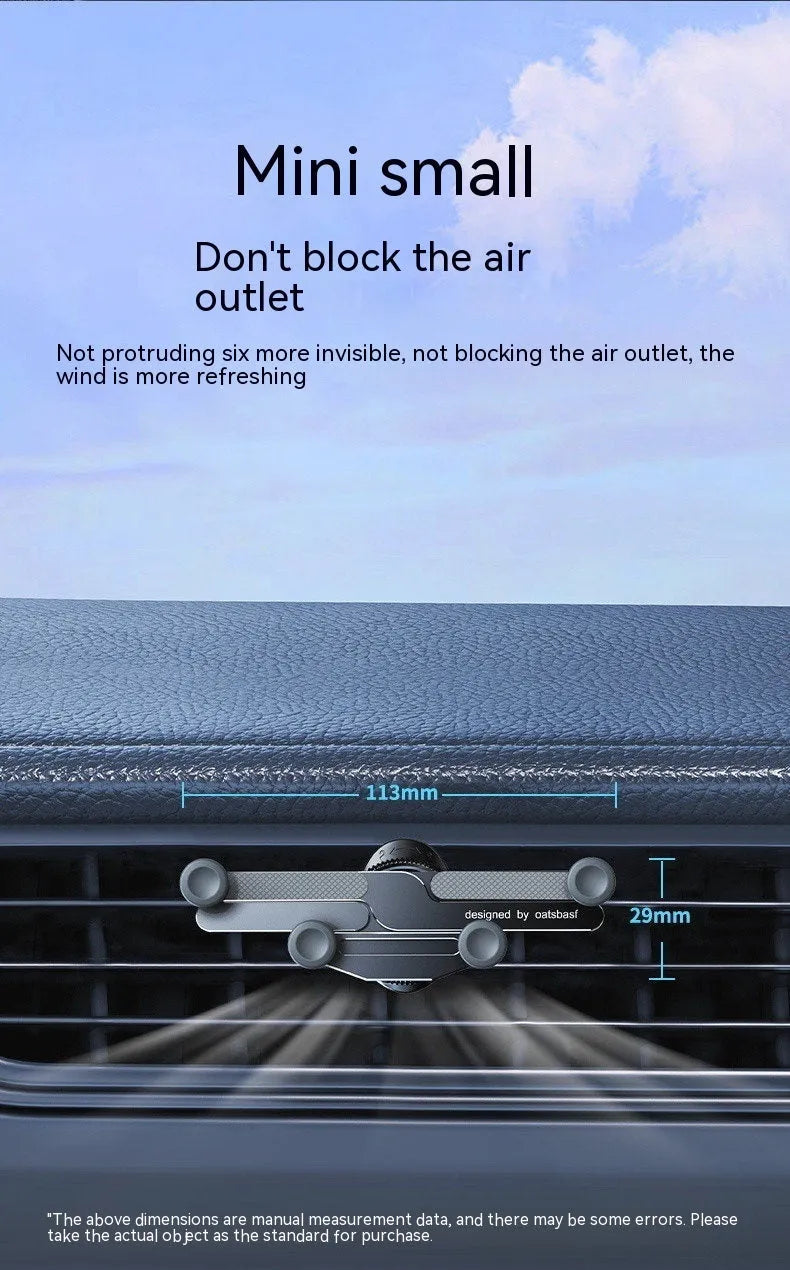Invisible alloy snap-on mobile phone holder for car air vent in black, silver and grey colours.