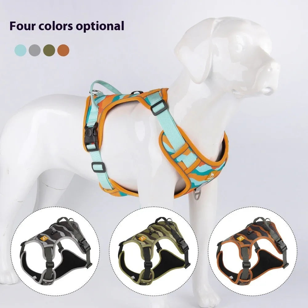 Orange dog harness and lead with chest strap, handle, and reflective strips for commuter safety.