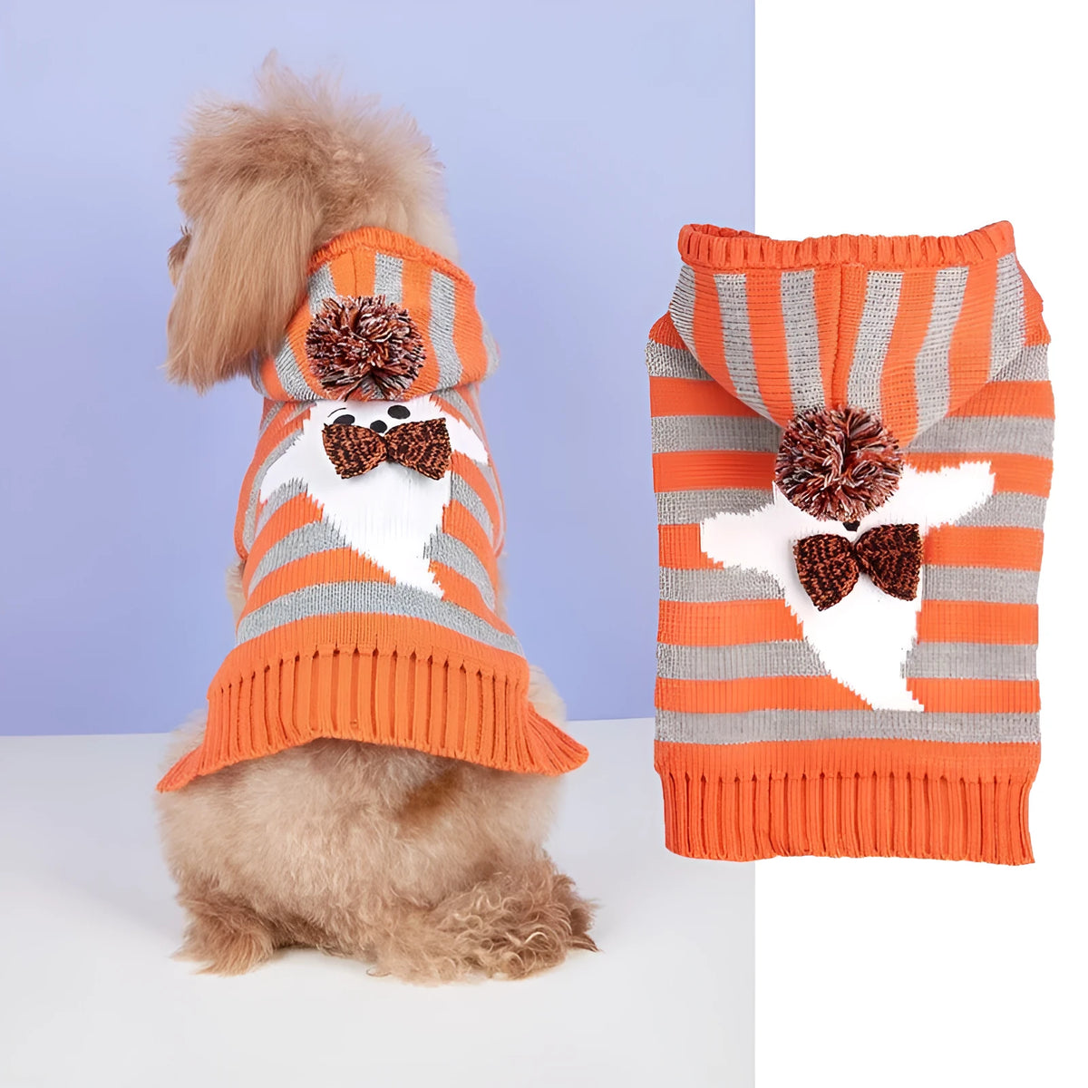 Orange Halloween pet sweater with striped pattern and hooded fur ball design for cats and dogs