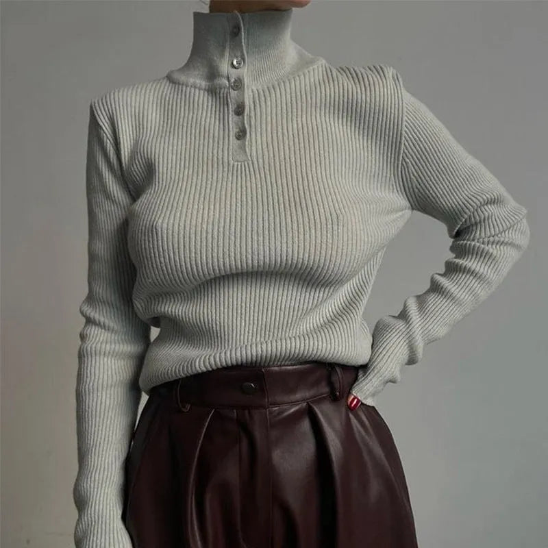 Silver grey half-turtleneck pullover sweater with single-breasted placket in slim fit design