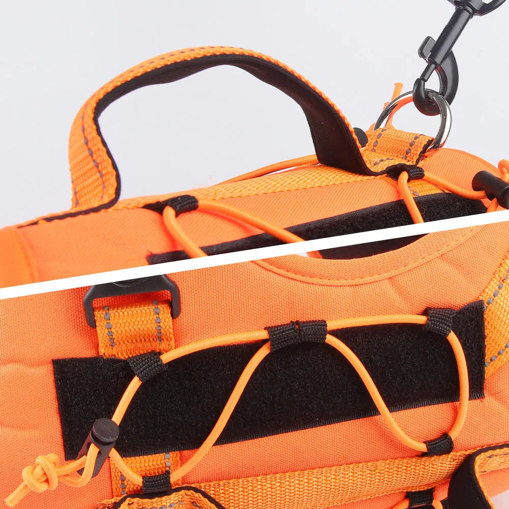 Orange explosion-proof dog harness vest with black reflective strips and an integrated black hand-holding rope.