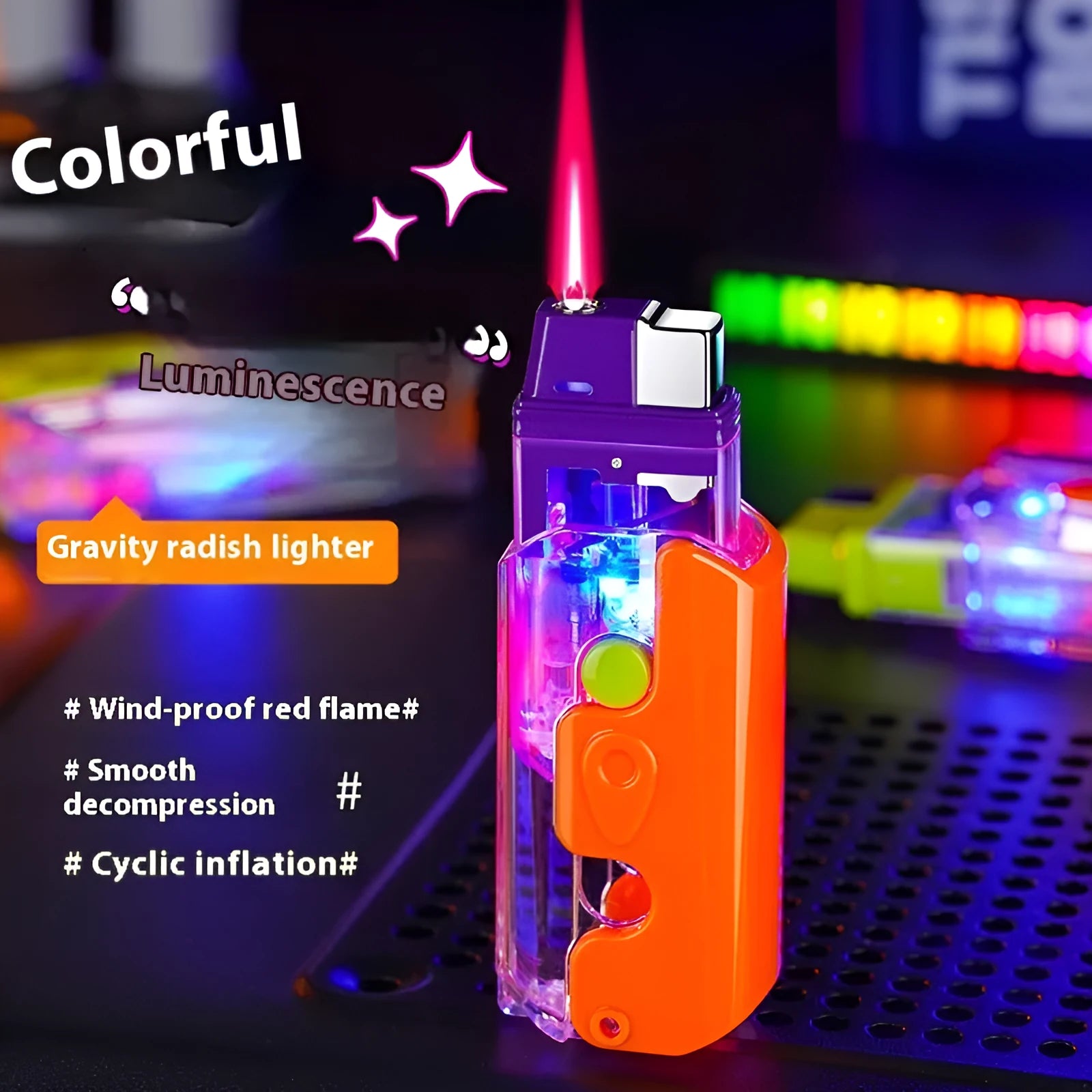Colourful plastic novelty lighter in orange, purple, or green with a cute design.