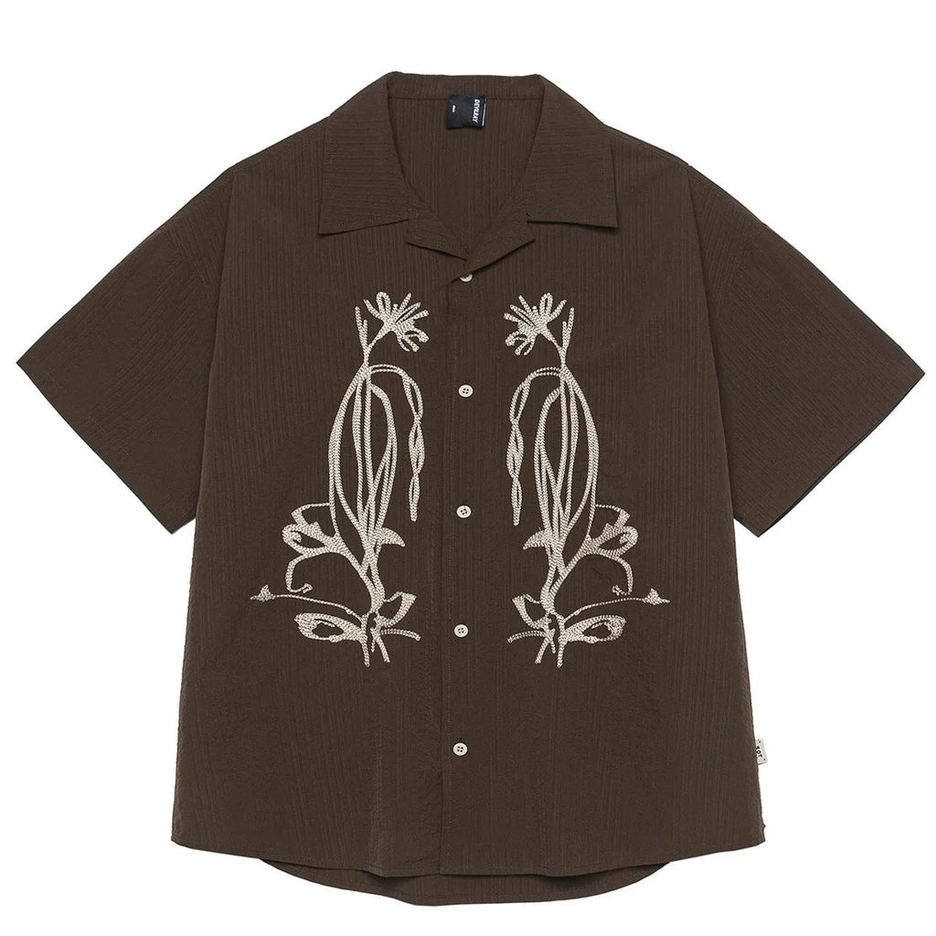 Brown striped Cuban collar short sleeve outdoor shirt for camping