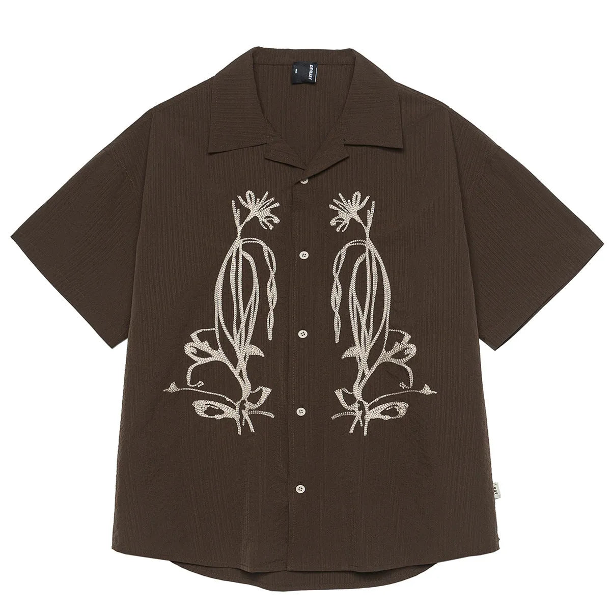 Brown striped Cuban collar short sleeve outdoor shirt for camping