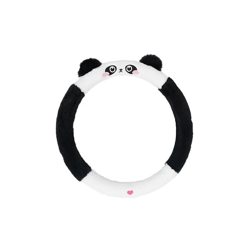 Plush car steering wheel cover with embroidered cartoon animal design for winter driving