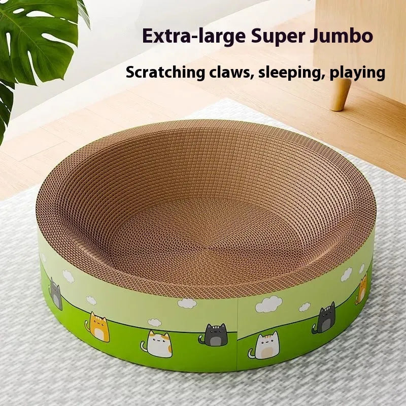 Corrugated paper cat scratch board with deep pit texture in round design, measuring 45cm or 50cm
