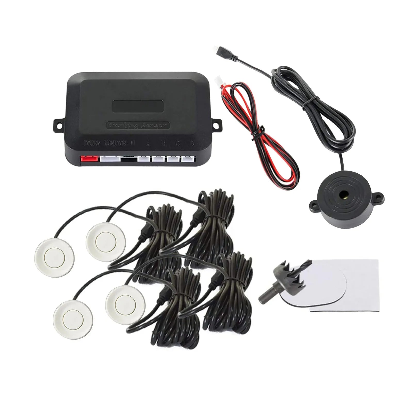 Four-sensor car reversing radar parking system with buzzer alert indicator and installation tools