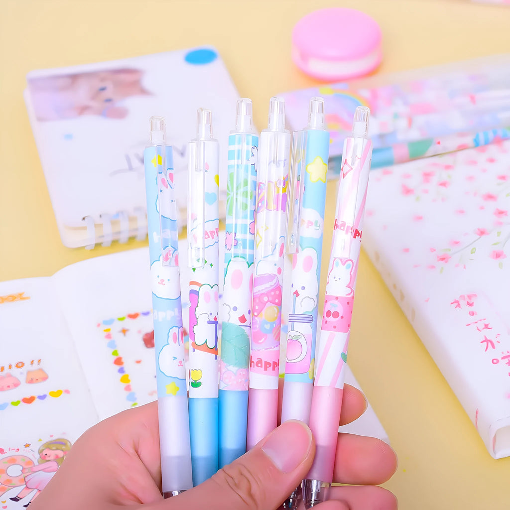 Cartoon bunny design writing pens pack of six with 0.5mm tips