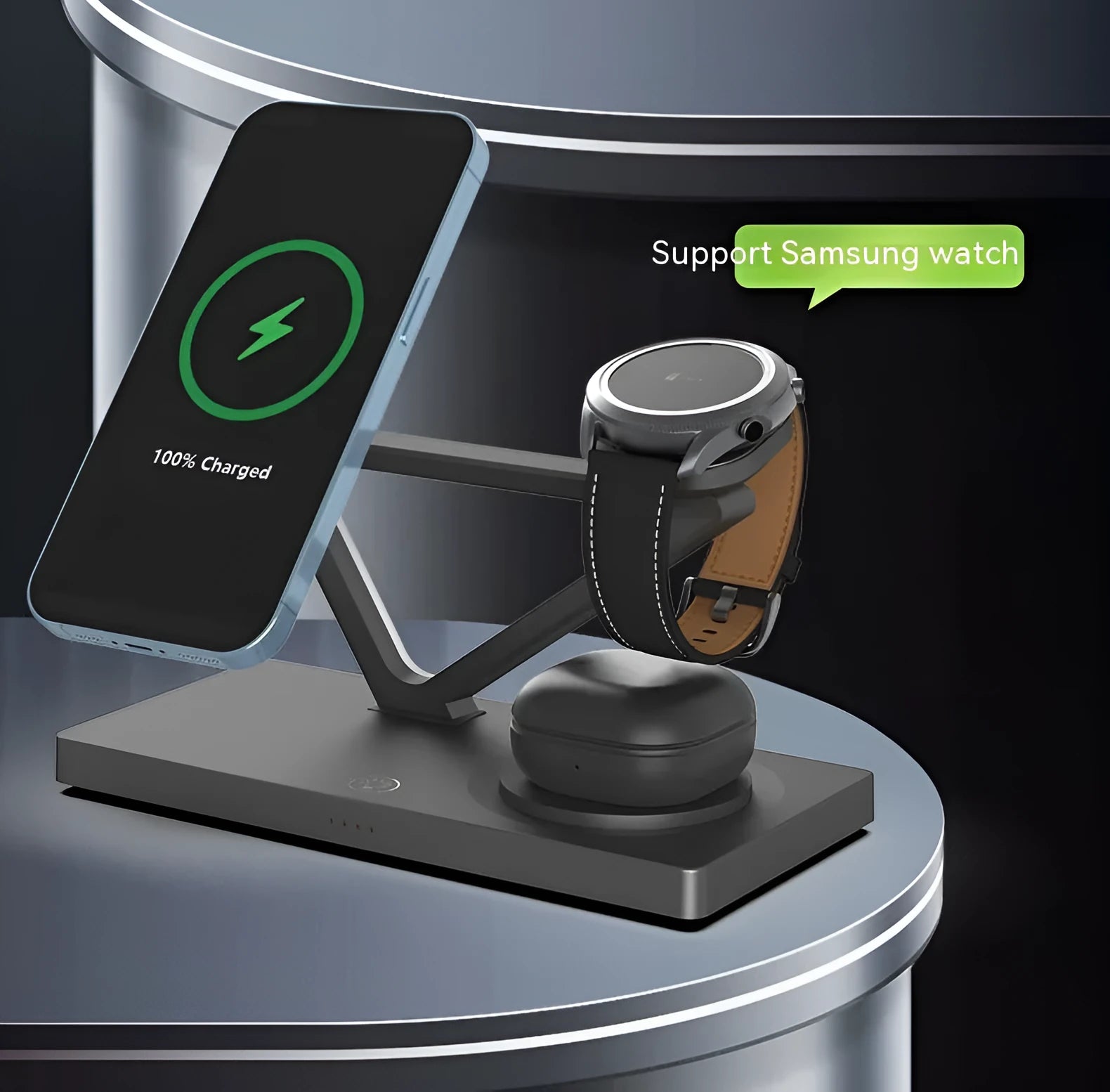 White five-in-one wireless charging night lamp showing magnetic phone bracket, watch pad, and circular base station.