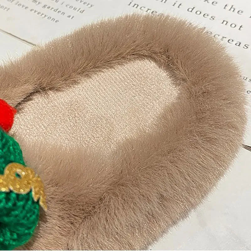 Women's Christmas hat design faux plush house slippers in black, khaki, and white.