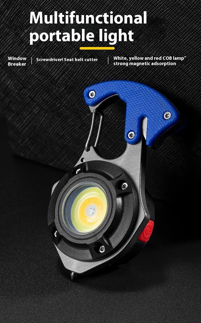 Silver and black multifunctional keychain light with LED array, window breaking hammer tip, and screwdriver.