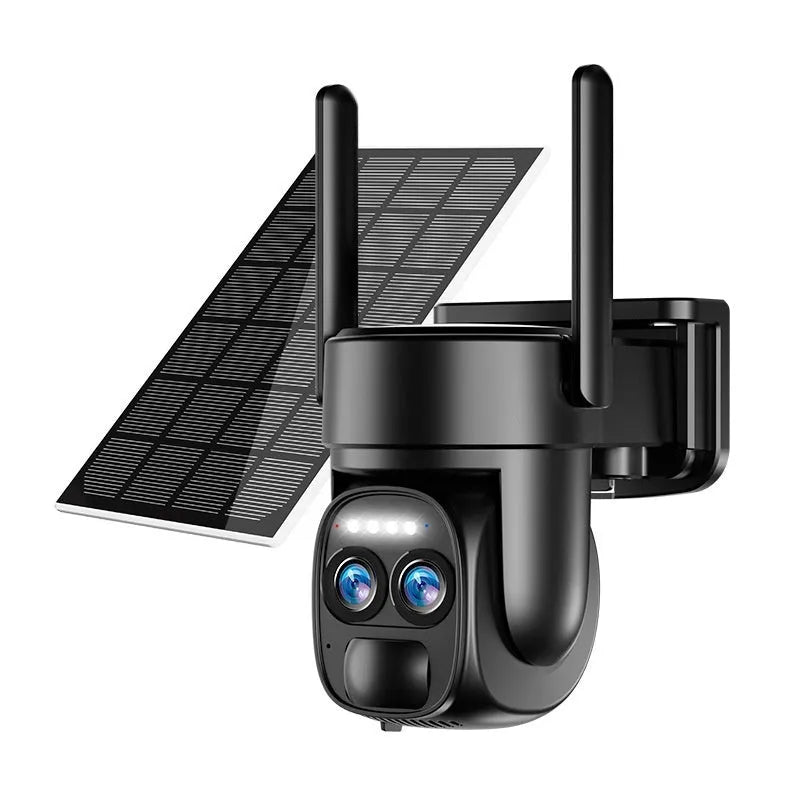 Solar-powered security camera with zoom lens mounted outdoors