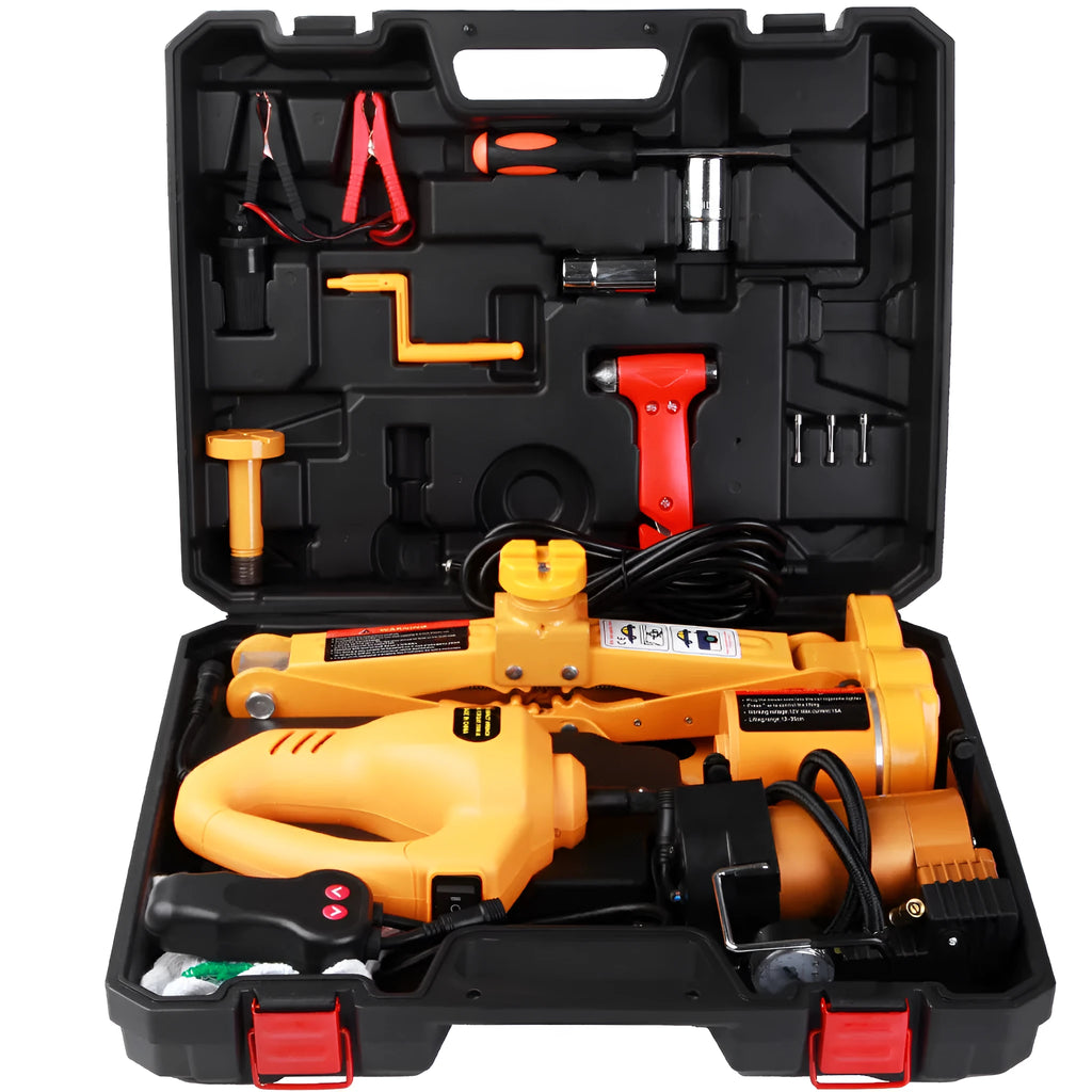 Yellow steel electric car jack and wrench set for vehicle tyre changes