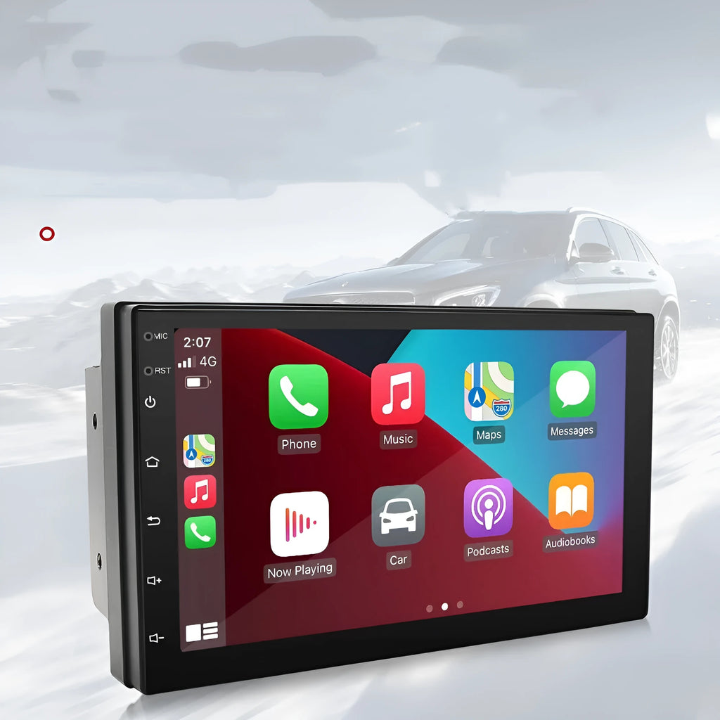 Black universal car MP5 navigation player with 7-inch display for CarPlay and Android Auto
