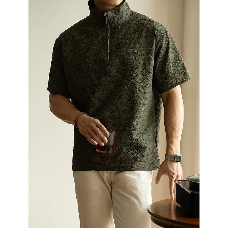 Men's cedar green loose fit short sleeve shirt made from quick-drying polyester fabric