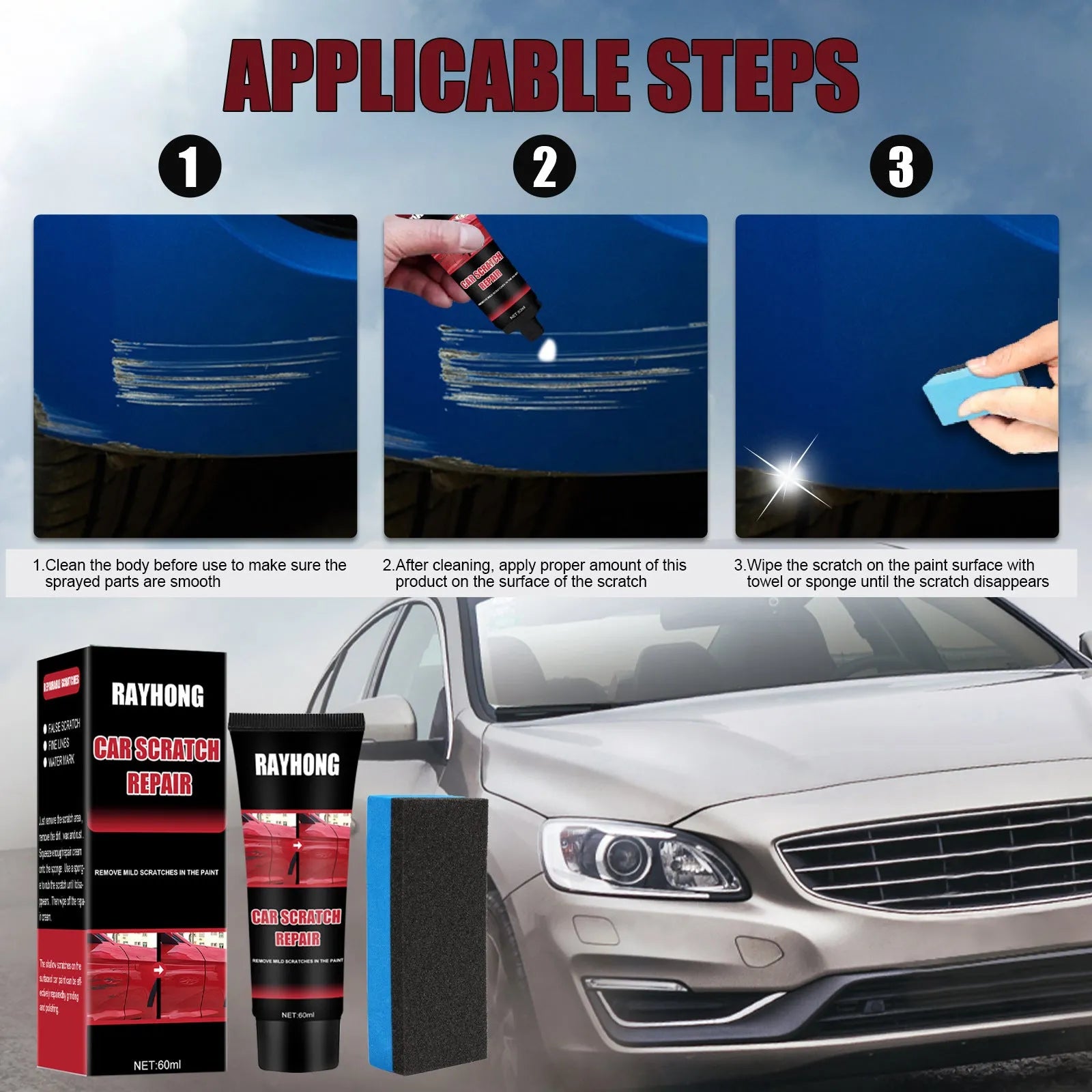60ml black car scratch repair wax with applicator pad for paint maintenance