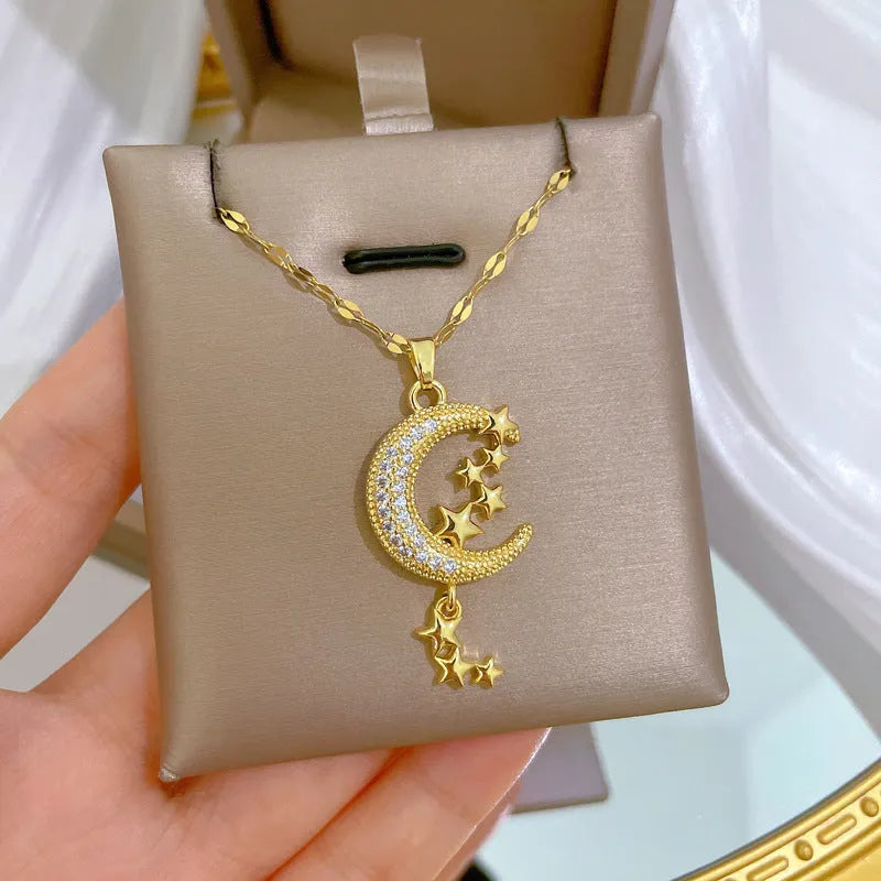 Stainless steel necklace with moon pendant and copper accents in A218 colour