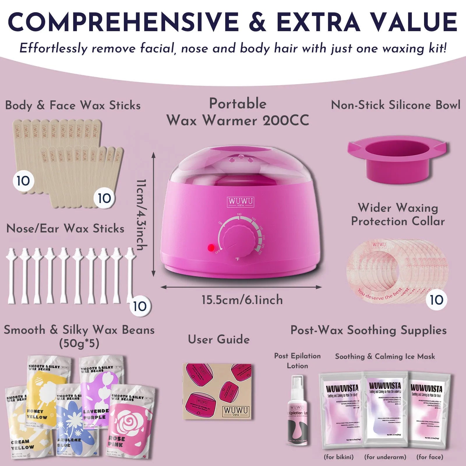 Professional 52-piece waxing kit with hard wax beans, warmer, lotion, and tools for face and body hair removal.
