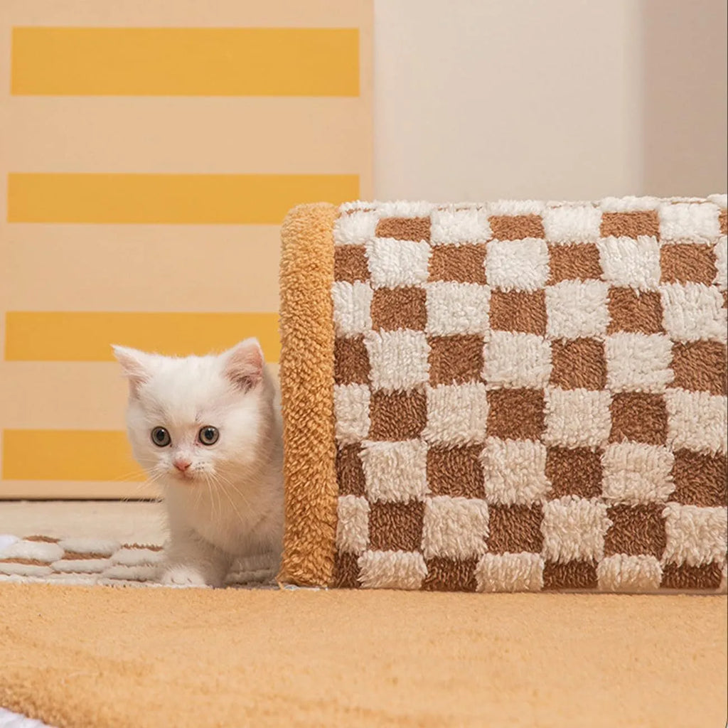 XL sized fan-shaped plush pet bed with integrated tunnel, shown in coffee colour with a non-slip granular base.