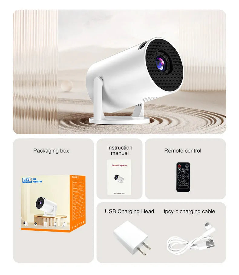 White portable mini projector with wireless HD projection capabilities for home viewing