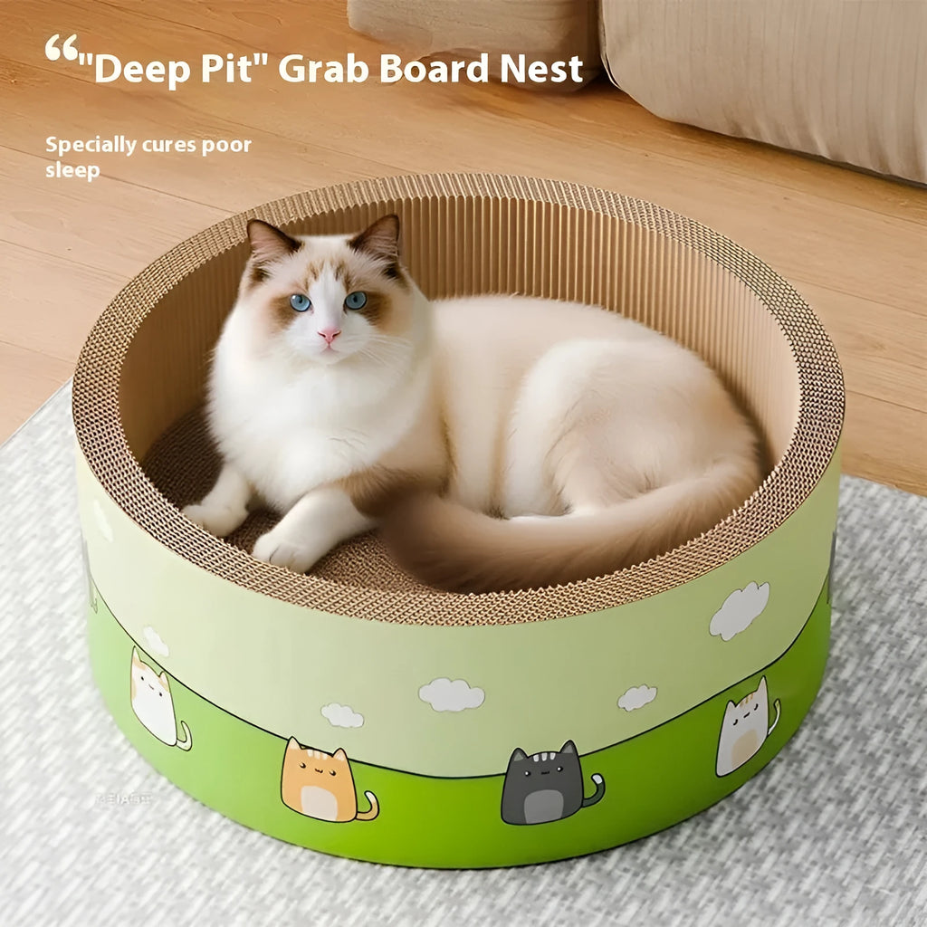 Corrugated paper cat scratch board with deep pit texture in round design, measuring 45cm or 50cm