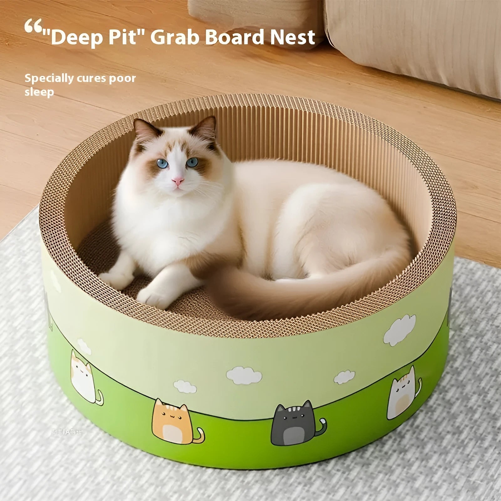 Corrugated paper cat scratch board with deep pit texture in round design, measuring 45cm or 50cm