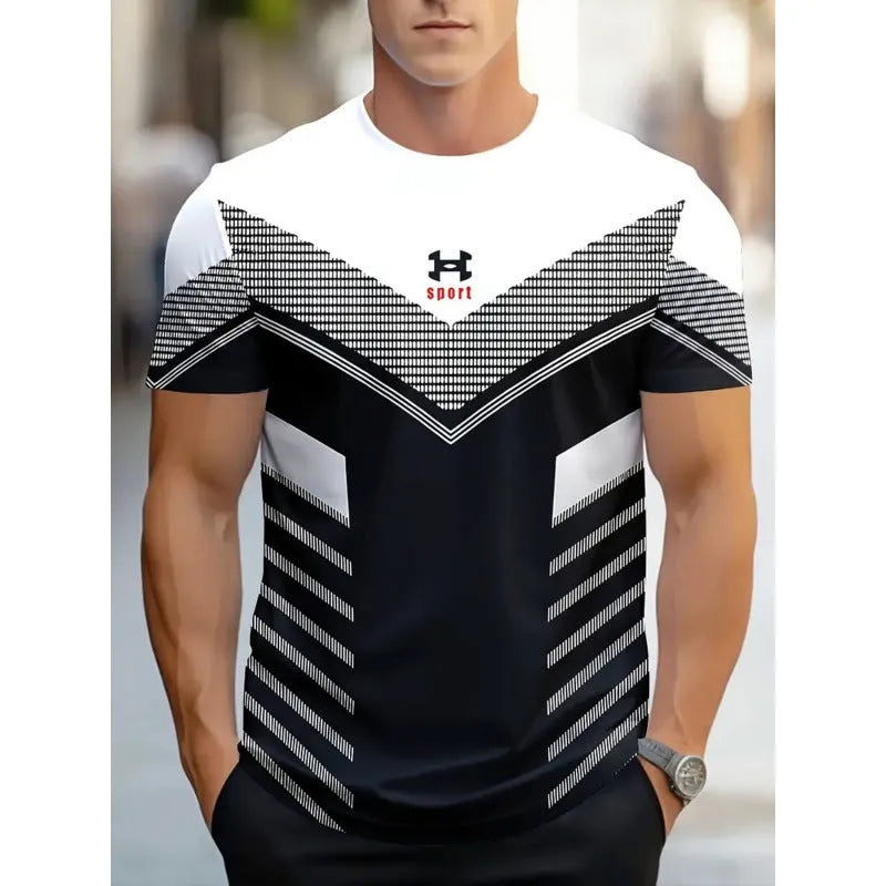 Men's loose-fit short-sleeved t-shirt with digital 3D printed stripe pattern in various colour styles